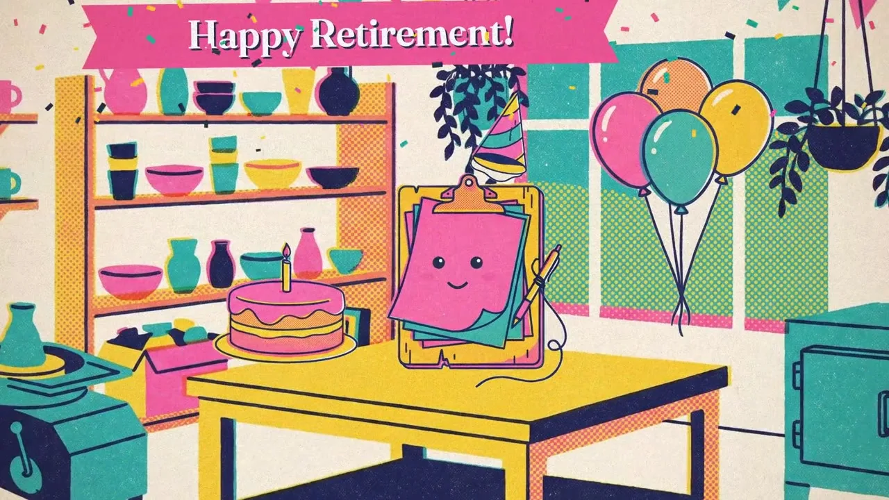 The sign-up clipboard at its own retirement party, with balloons and a cake, in a pottery studio